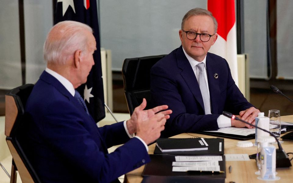 U.S. President Joe Biden and Australia's Prime Minister Anthony Albanese attend a Quad meeting on the sidelines of the G7 summit, at the Grand Prince Hotel in Hiroshima, Japan, May 20, 2023. REUTERS/Jonathan Ernst/Pool/File Photo