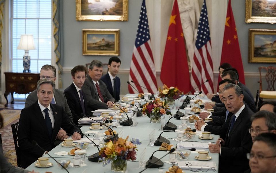 U.S. Secretary of State Antony Blinken meets with Chinese Foreign Minister Wang Yi at the State Department in Washington, U.S., October 27, 2023. REUTERS/Elizabeth Frantz