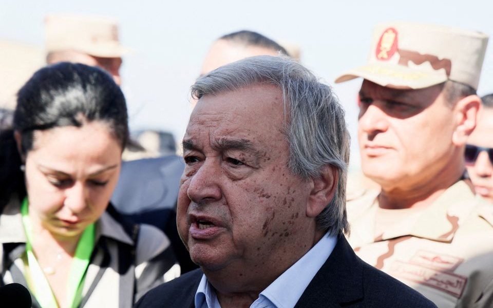 United Nations Secretary-General Antonio Guterres speaks to the media, after visiting the Rafah border crossing between Egypt and the Gaza Strip, at Al Arish Airport, Egypt, October 20, 2023. REUTERS/Amr Abdallah Dalsh/File Photo