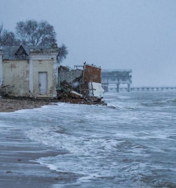 view shows a damaged building on a beach affected by a powerful storm in Yevpatoriya, Crimea. REUTERS/Alexey Pavlishak