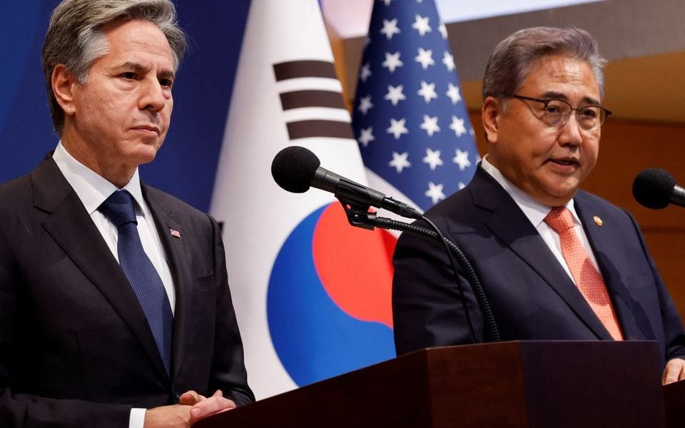 U.S. Secretary of State Antony Blinken and South Korean Foreign Minister Park Jin hold a joint press conference after their meeting at the Ministry of Foreign Affairs in Seoul, South Korea, November 9, 2023. REUTERS/Jonathan Ernst/Pool