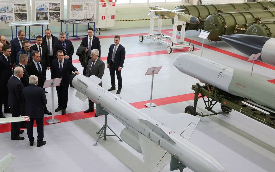 Deputy head of Russia's Security Council and chairman of the United Russia party Dmitry Medvedev visits the Raduga State Machine Building Construction Bureau named after A. Bereznyak in Dubna, Moscow region, Russia February 2, 2023. Sputnik/Yekaterina Shtukina/Pool via REUTERS/File Photo