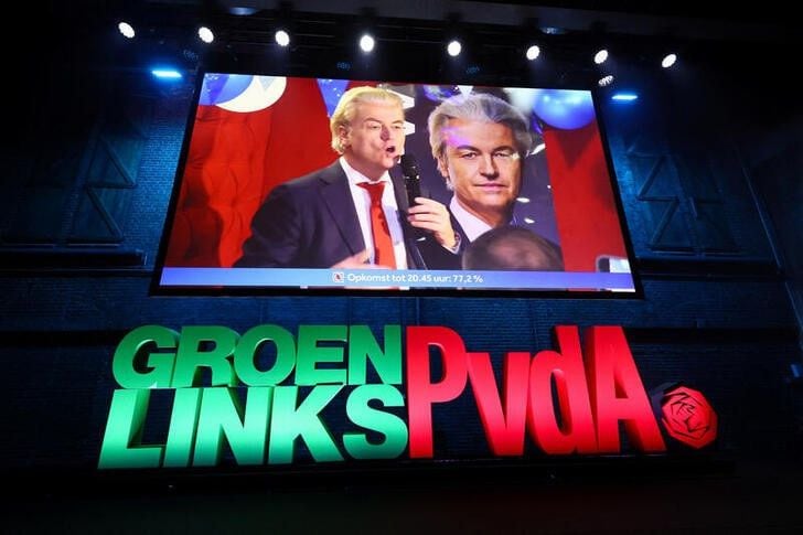 Dutch far-right politician and leader of the PVV party Geert Wilders appears on a screen as supporters of Frans Timmermans, former EU Commissioner for Climate Action and leading candidate for the GroenLinks-PvdA, gather to watch the exit poll and early results in the Dutch parliamentary elections in Amsterdam, Netherlands, November 22, 2023. REUTERS/Wolfgang Rattay