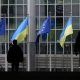Flags of Ukraine fly in front of the EU Parliament building on the first anniversary of the Russian invasion, in Brussels, Belgium February 24, 2023. REUTERS/Yves Herman/files
