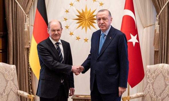 German Chancellor Olaf Scholz meets with Turkey's President Recep Tayyip Erdogan in Ankara, Turkey, March 14, 2022. Guido Bergmann/BPA/Handout via REUTERS/File Photo