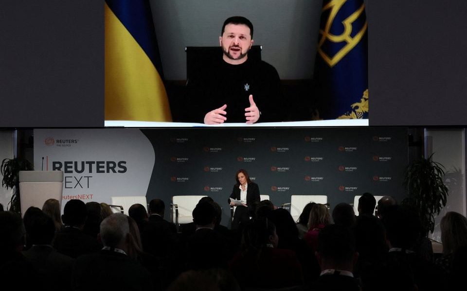 Reuters Editor-in-Chief Alessandra Galloni speaks with Ukraine's President Zelenskiy via video link at the ReutersNEXT Newsmaker event in New York City, New York, U.S., November 8, 2023. REUTERS/Brendan McDermid