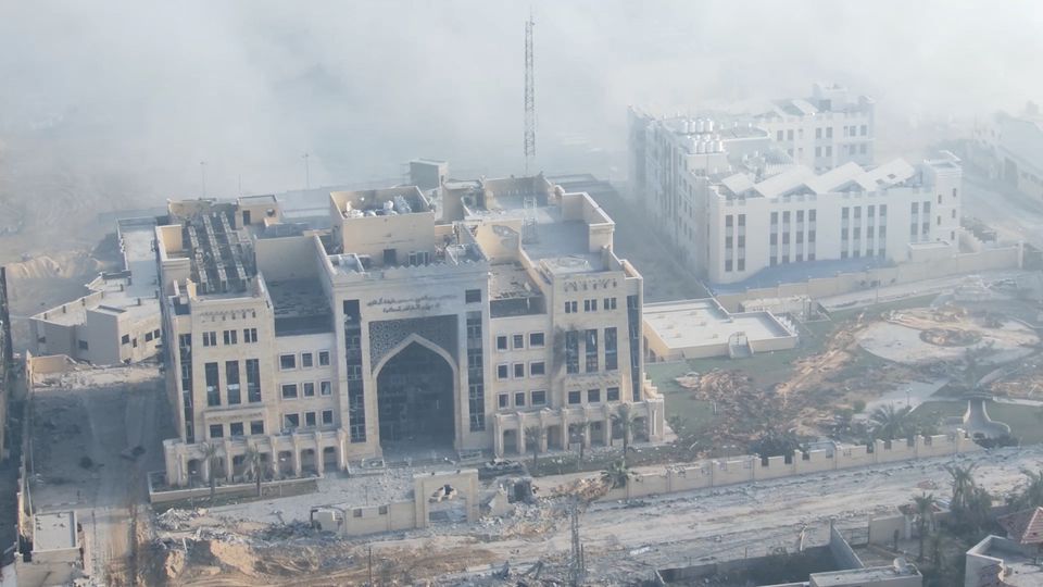 A view shows Sheikh Hamad Hospital, amid the ongoing conflict between Israel and the Palestinian Islamist group Hamas, at a location given as Gaza in this still image taken from video released November 5, 2023. Israel Defense Forces/Handout via REUTERS