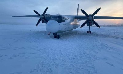 A view shows a Polar Airlines' Antonov-24 passenger aircraft following its landing on the Kolyma river near an airport in Zyryanka in the Yakutia region, Russia, December 28, 2023. Russia's Eastern Siberian Transport Prosecutor's Office/Handout via REUTERS