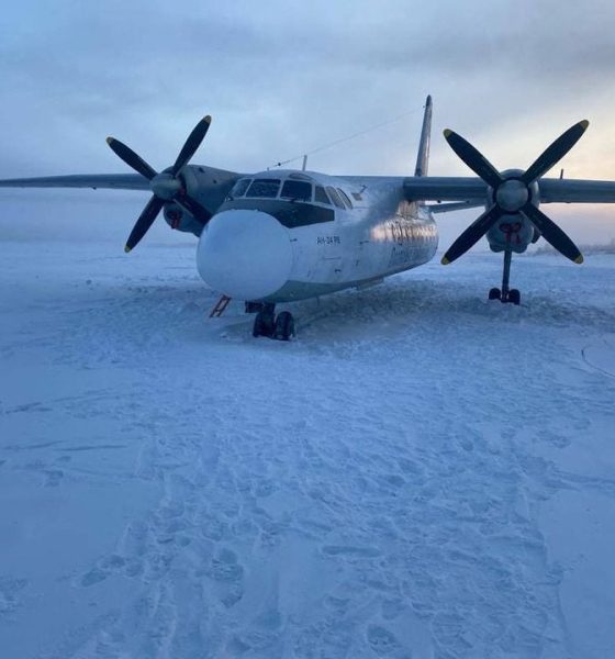 A view shows a Polar Airlines' Antonov-24 passenger aircraft following its landing on the Kolyma river near an airport in Zyryanka in the Yakutia region, Russia, December 28, 2023. Russia's Eastern Siberian Transport Prosecutor's Office/Handout via REUTERS