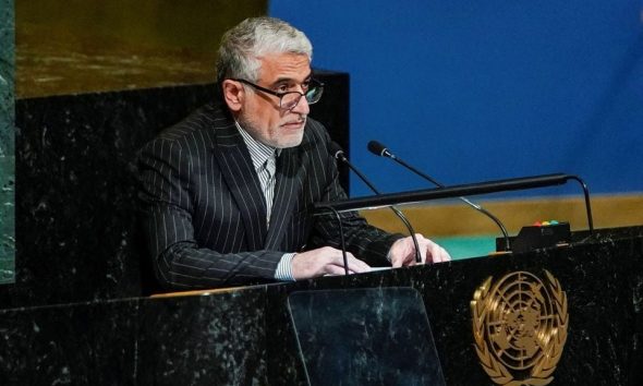 Iran’s Ambassador to the United Nations Amir Saeid Iravani speaks to delegates before a vote on a resolution recognizing Russia must be responsible for reparation in Ukraine at the United Nations Headquarters in New York, U.S., November 14, 2022. REUTERS/Eduardo Munoz/File photo