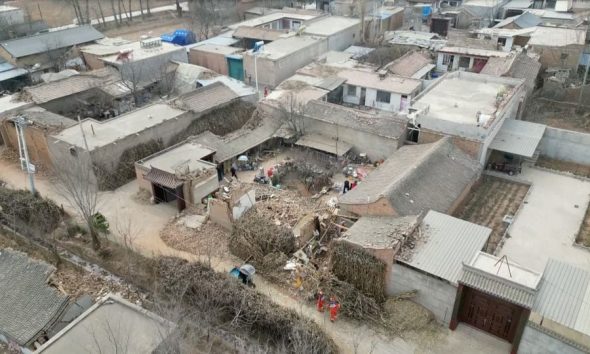 An aerial view shows damaged buildings following the earthquake in Jishishan county, Gansu province, China December 20, 2023, in this screengrab taken from a video. Reuters TV via REUTERS/File Photo