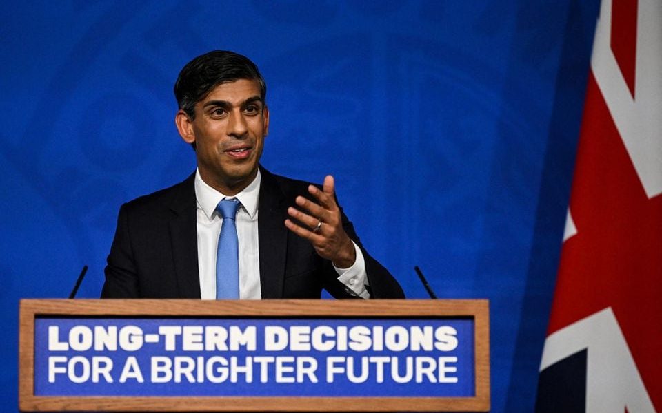 Britain's Prime Minister Rishi Sunak delivers a speech during a press conference on the net zero target, at the Downing Street Briefing Room, in central London, on September 20, 2023. The UK looked set to backtrack on policies aimed at achieving net zero emissions by 2050 with Prime Minister Rishi Sunak expected to water down some of the government's green commitments. The move comes amid growing concern over the potential financial cost of the government's policies to achieve net zero carbon emissions by mid-century. JUSTIN TALLIS/Pool via REUTERS/File photo