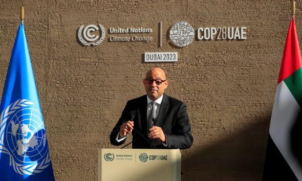 Executive Secretary of the United Nations Framework Convention on Climate Change (UNFCCC) Simon Stiell speaks during a press conference at the United Nations Climate Change Conference (COP28) in Dubai, United Arab Emirates, December 11, 2023. REUTERS/Thomas Mukoya