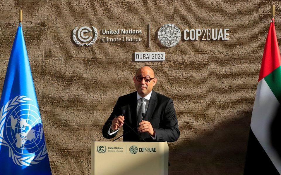 Executive Secretary of the United Nations Framework Convention on Climate Change (UNFCCC) Simon Stiell speaks during a press conference at the United Nations Climate Change Conference (COP28) in Dubai, United Arab Emirates, December 11, 2023. REUTERS/Thomas Mukoya