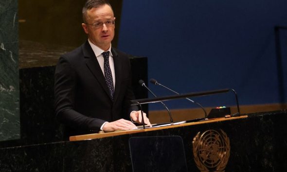 Hungary's Foreign Minister Peter Szijjarto addresses a high-level meeting of the United Nations General Assembly to mark one year since Russia invaded Ukraine and to consider the adoption of a resolution on Ukraine at U.N. headquarters in New York City, New York, U.S., February 23, 2023. REUTERS/Mike Segar/File Photo