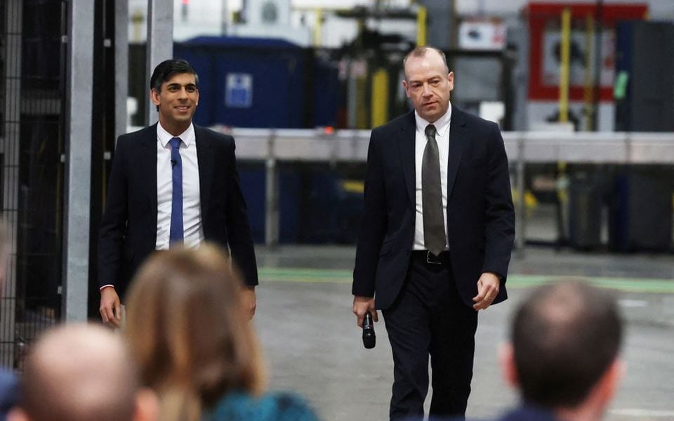 Prime Minister Rishi Sunak (left) and Northern Ireland Secretary Chris Heaton-Harris hold a Q&A session with local business leaders during a visit to Coca-Cola HBC in Lisburn, Co Antrim in Northern Ireland. February 28, 2023. Liam McBurney/Pool via REUTERS/File Photo