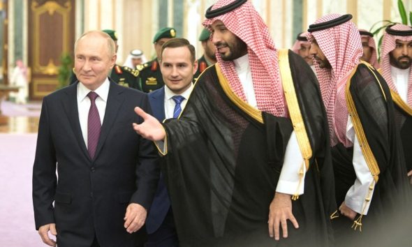 Russian President Vladimir Putin and Saudi Crown Prince Mohammed bin Salman walk during a meeting in Riyadh, Saudi Arabia December 6, 2023. Sputnik/Aleksey Nikolskyi/Kremlin via REUTERS/ File Photo