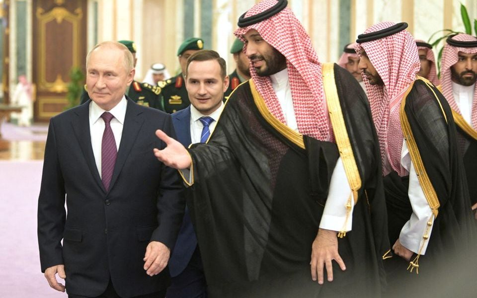 Russian President Vladimir Putin and Saudi Crown Prince Mohammed bin Salman walk during a meeting in Riyadh, Saudi Arabia December 6, 2023. Sputnik/Aleksey Nikolskyi/Kremlin via REUTERS/ File Photo
