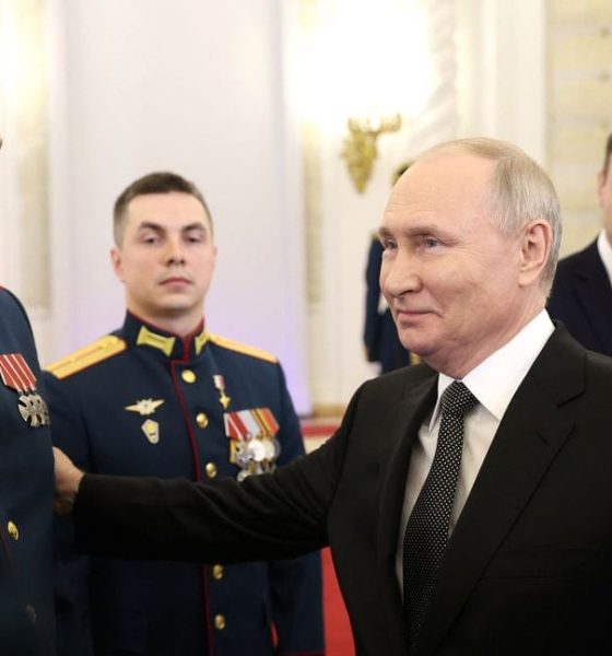 Russia's President Vladimir Putin attends a ceremony to present Gold Star medals to service members, bearing the title of Hero of Russia and involved in the country's military campaign in Ukraine, on the eve of Heroes of the Fatherland Day at the St. George Hall of the Grand Kremlin Palace in Moscow, Russia, December 8, 2023. Sputnik/Valeriy Sharifulin/Pool via REUTERS