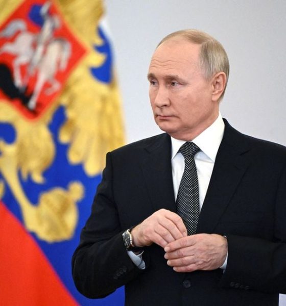 Russia's President Vladimir Putin attends a ceremony to present Gold Star medals to service members, bearing the title of Hero of Russia and involved in the country's military campaign in Ukraine, on the eve of Heroes of the Fatherland Day at the St. George Hall of the Grand Kremlin Palace in Moscow, Russia, December 8, 2023