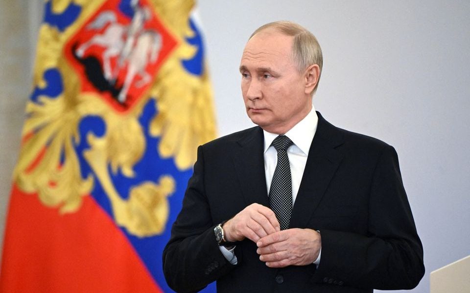 Russia's President Vladimir Putin attends a ceremony to present Gold Star medals to service members, bearing the title of Hero of Russia and involved in the country's military campaign in Ukraine, on the eve of Heroes of the Fatherland Day at the St. George Hall of the Grand Kremlin Palace in Moscow, Russia, December 8, 2023