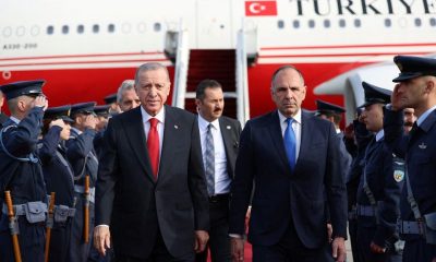 Turkish President Tayyip Erdogan is welcomed by Greek Foreign Minister George Gerapetritis upon his arrival at the Eleftherios Venizelos International Airport in Athens, Greece December 7, 2023. Turkish Presidential Press Office/Handout via REUTERS