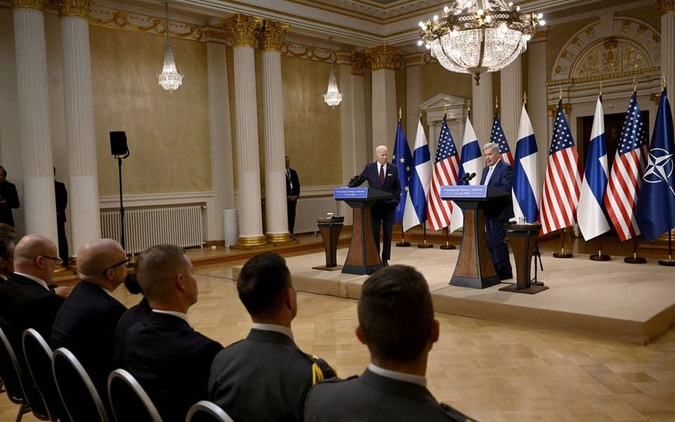 US President Joe Biden and Finnish President Sauli Niinisto are seen during their joint press conference at the Presidential Palace in Helsinki, Finland, July 13, 2023. Lehtikuva/Antti Aimo-Koivisto/via REUTERS/File Photo