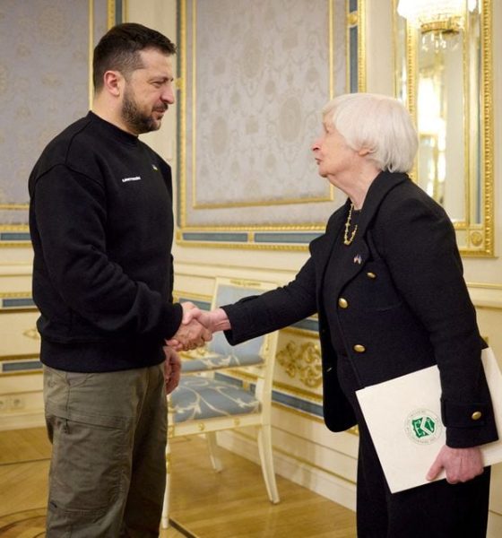 Ukraine's President Volodymyr Zelenskiy welcomes U.S. Treasury Secretary Janet Yellen, amid Russia's attack on Ukraine, in Kyiv, Ukraine February 27, 2023. Ukrainian Presidential Press Service/Handout via REUTERS/File Photo