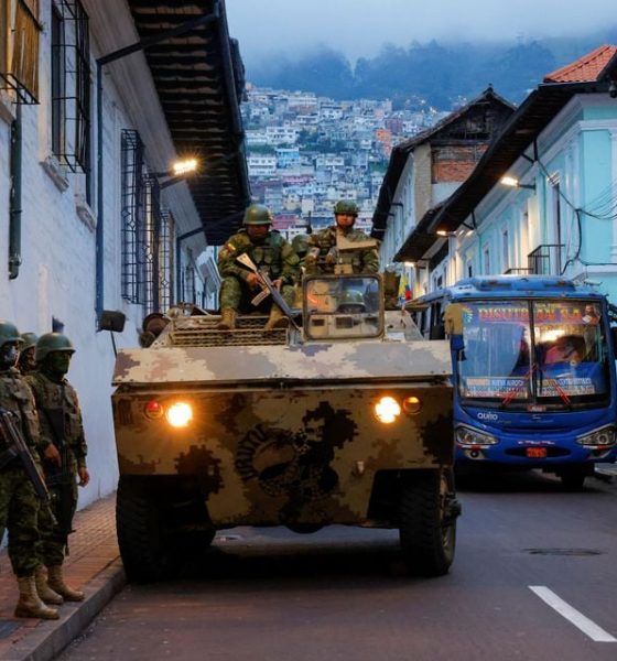 Soldiers in an armoured vehicle patrol the city's historic centre following an outbreak of violence a day after Ecuador's President Daniel Noboa declared a 60-day state of emergency following the disappearance of Adolfo Macias, leader of the Los Choneros criminal gang from the prison where he was serving a 34-year sentence, in Quito, Ecuador, January 9, 2024. REUTERS/Karen Toro